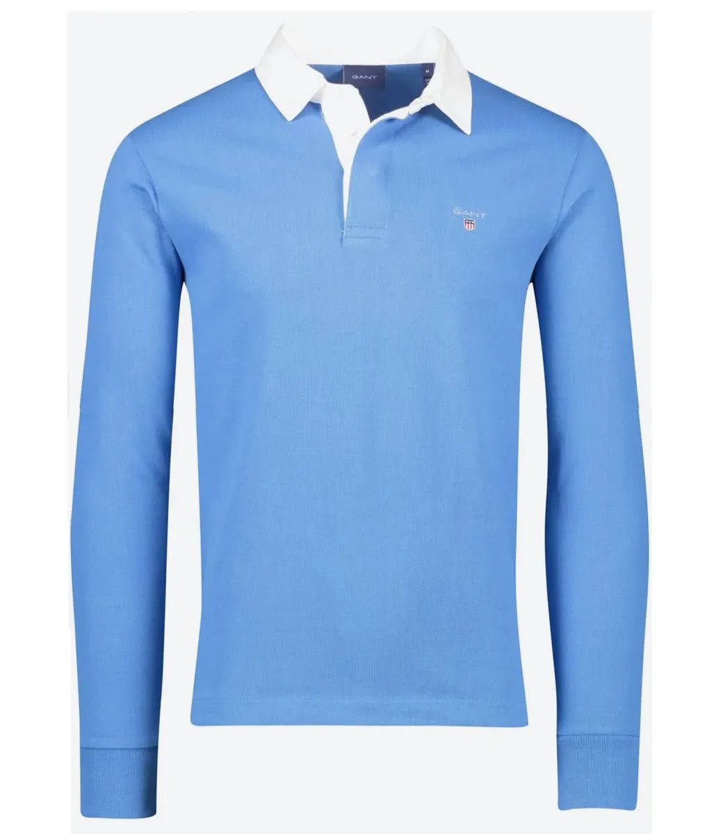 Gant 2023 2005089 471 Gant day blue heren rugby shirt sweater met witte kraag