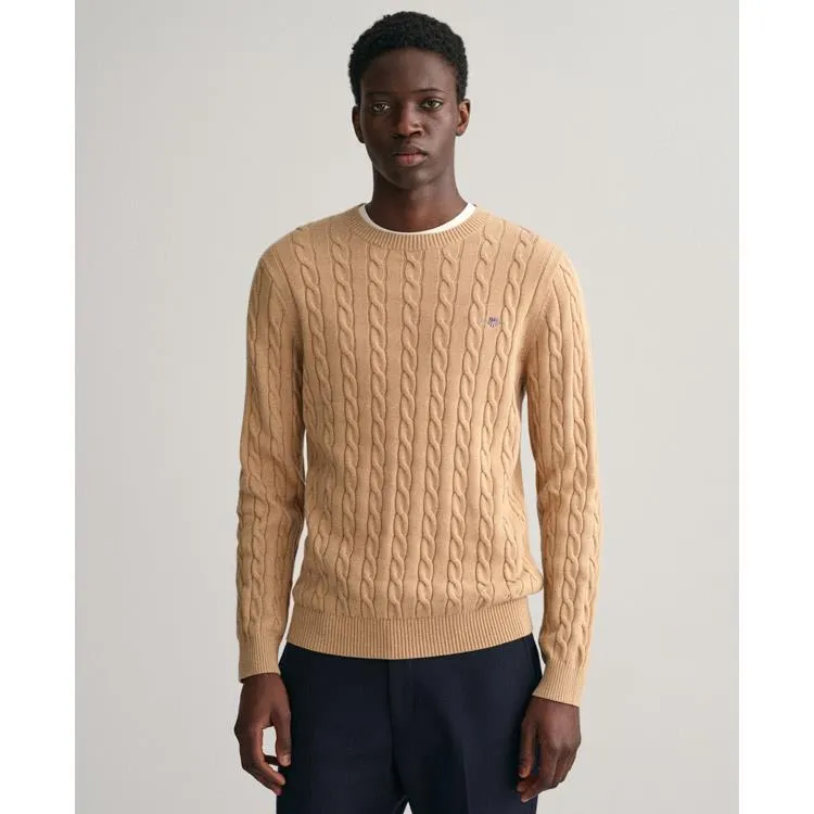 Gant Katoenen Gebreide Kabeltrui met Ronde Hals 8050601296 Khaki Melange