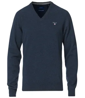 Gant N 86212 480 heren donkerblauw melange v-hals trui superfine lamswol